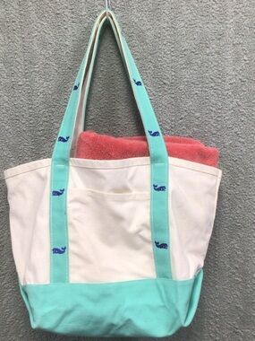 Vineyard Vines White Canvas Tote with Mint Green Trim and Blue Whale Accents
